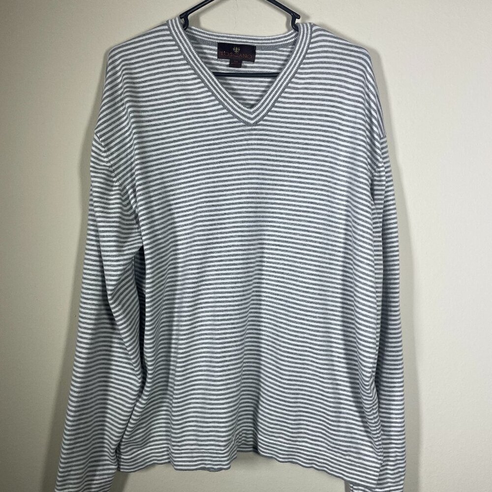 Toscano Men's Gray White Stripe V-Neck 100% Cotton Sweater XXL!